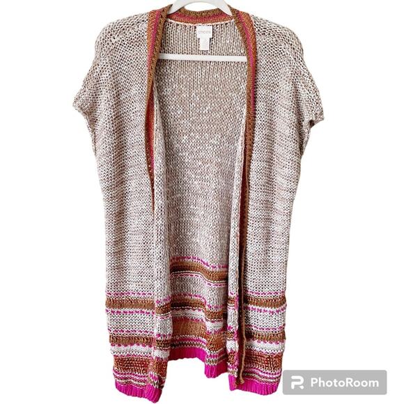 Chico’s | Color Pop Pattern Open Cardigan Sweater Short Sleeve Boho Hippie Large - Picture 2 of 8